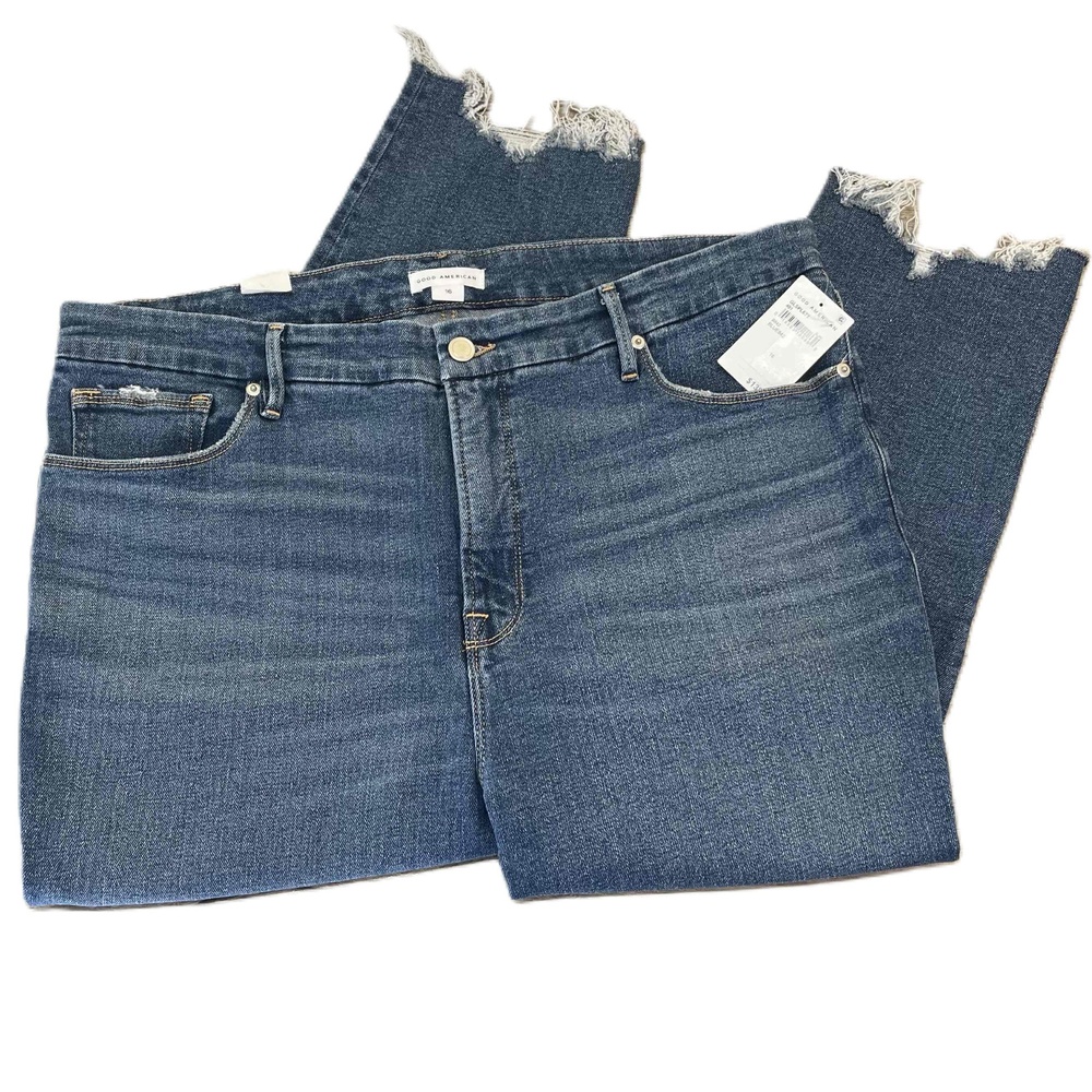 Good American Raw Hem Cropped Ankle Jeans - Dark Wash Blue